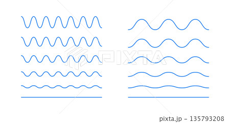Wavy, curvy lines. Undulate simple blue borders, transverse horizontal lines. Sine, fluid, air, wind signs. Water, river, lake, sea, ocean symbol. Outline thin graphic illustration on white background 135793208