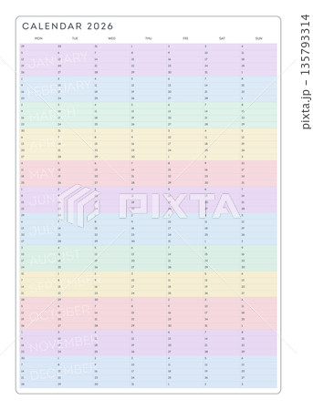 A colorful 2026 calendar with pastel colors on a white background 135793314