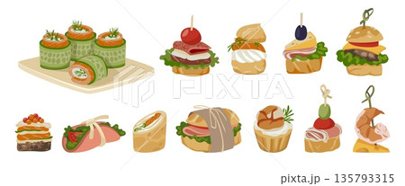 Appetizers set. Food buffet with tapas, canape for snack party, small dish banquet with cheese and olive meal. Tiny burgers and shrimp with cheese. Vector cartoon isolated illustration 135793315
