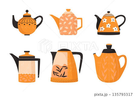 Beautiful teapots. Decorative ceramic kitchen cozy tableware with floral ornament brewing tea. Cute design orange vintage porcelain for hot beverages. Vector cartoon isolated illustration Beautiful teapots. Decorative ceramic kitchen cozy tableware with floral ornament brewing tea. Cute design orange vintage porcelain for hot beverages. Vector cartoon isolated illustration 135793317