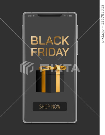 Smartphone interface. Black Friday discount. Gift box with golden ribbon. Online shopping app. 3D phone display. Realistic mobile touchscreen. Store marketing. Vector cellphone UI template Smartphone interface. Black Friday discount. Gift box with golden ribbon. Online shopping app. 3D phone display. Realistic mobile touchscreen. Store marketing. Vector cellphone UI template 135793318