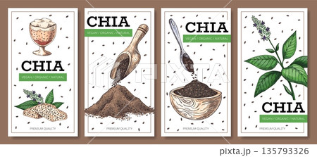 Chia posters. Plants and grains sketch illustration. Vegan superfood hand drawn diet products. Spoon with seeds and paper packaging. Healthy desserts flyer. Vector cards set 135793326