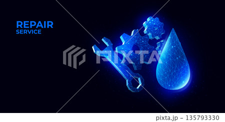 Water engine. Repair service technology. Digital tech grease or mechanic wireframe. 3D machine industry. Cowheel gear. Wrench for plumbing renovation. Liquid drop. Vector polygon background Water engine. Repair service technology. Digital tech grease or mechanic wireframe. 3D machine industry. Cowheel gear. Wrench for plumbing renovation. Liquid drop. Vector polygon background 135793330