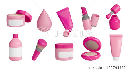 3D beauty icons. Facial mask cream. Makeup product or SPF lotion tube. Korean lipstick. Cosmetic brush and sponge. Face powder with mirror. Pink nail polish. Vector render objects set 135793332
