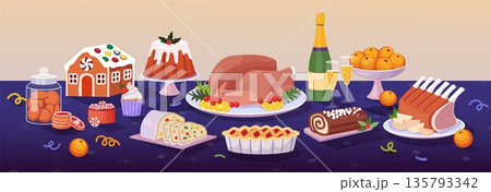 Christmas food. Festive dinner table. Mince pie in lunch buffet. Turkey meat at home party. Tablecloth setting in restaurant. Sweet cake with glaze. Champagne bottle. Vector illustration Christmas food. Festive dinner table. Mince pie in lunch buffet. Turkey meat at home party. Tablecloth setting in restaurant. Sweet cake with glaze. Champagne bottle. Vector illustration 135793342
