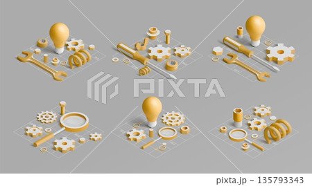 Isometric light bulb. 3D creative technology. Innovation science idea or cogwheel gear for engineering industry. Magnifying glass for idea searching. Lamp lightbulb. Vector concepts set 135793343