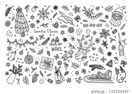 Christmas doodles. Xmas Santa sketch, winter hand drawn elements for holly sleigh new year t shirt with snowman, tree and branches. Vector isolated icons gifts and garlands collection Christmas doodles. Xmas Santa sketch, winter hand drawn elements for holly sleigh new year t shirt with snowman, tree and branches. Vector isolated icons gifts and garlands collection 135793347
