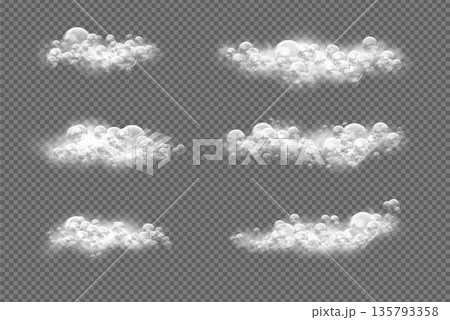 Soap foam. Bath wash sud, water splash and white cosmetic soapy froth balls. Transparent laundry lather, shampoo, shower gel and antibacterial detergent. Vector realistic isolated set 135793358