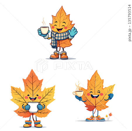 Vsai cute maple leaf cartoon character drinking coffee Vsai cute maple leaf cartoon character drinking coffee 135793514