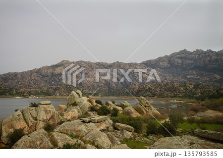 Ruined walls of castle over the lake Bafa in a nature reserve situated in southwestern Turkey Ruined walls of castle over the lake Bafa in a nature reserve situated in southwestern Turkey 135793585