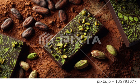 Pistachio chocolate bars rest on cocoa powder with beans and nuts 135793677