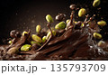 Vibrant pistachios and dark chocolate splashing together 135793709