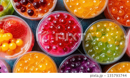 Colorful popping boba cups arranged for refreshing desserts Colorful popping boba cups arranged for refreshing desserts 135793744