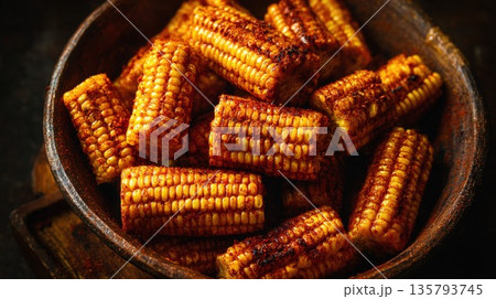 Spicy grilled corn cobs piled in rustic bowl 135793745