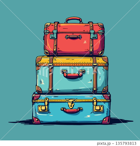Vsai stack of colorful vintage suitcases for travel and vacation 135793813