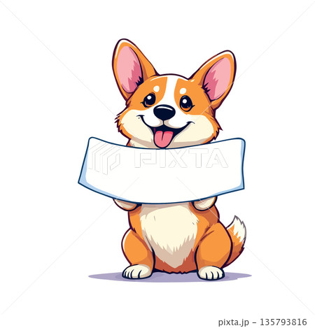 Vsai smiling cartoon corgi dog holding blank message banner 135793816