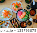 Top view of big meal with assorted and various sushi, sashimi japanese food. 135793875