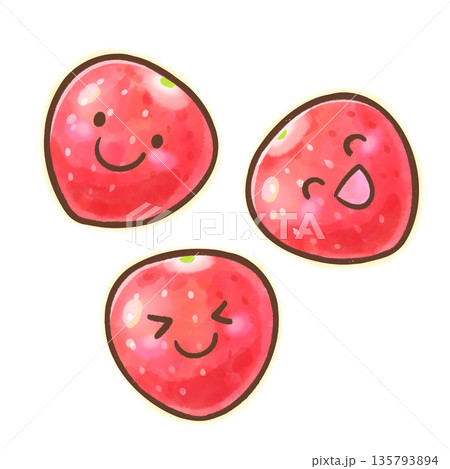 ヘタなしの複数いちご/かわいい水彩風のフルーツイラスト 135793894