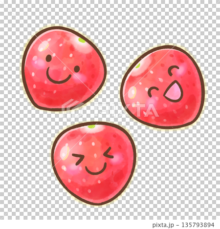 ヘタなしの複数いちご/かわいい水彩風のフルーツイラスト 135793894