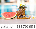 Summer holiday tropical concept. Fresh  water melon and pineapple on border of a swimming pool. 135793954