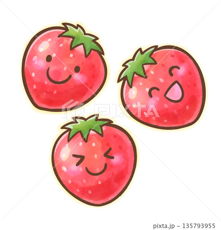 ヘタありの複数いちご/かわいい水彩風のフルーツイラスト 135793955