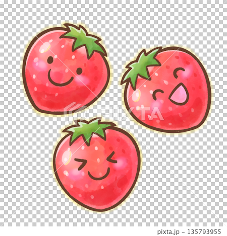 ヘタありの複数いちご/かわいい水彩風のフルーツイラスト 135793955