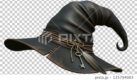 Vintage leather witch hat with key and feather decoration Vintage leather witch hat with key and feather decoration 135794065