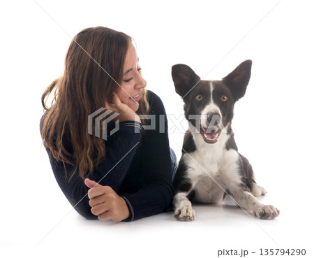 border collie and owner in studio border collie and owner in studio 135794290