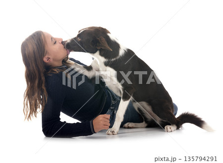 border collie and owner in studio border collie and owner in studio 135794291