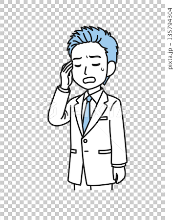 頭を押さえる白衣姿の医療関係者の男性のイラスト素材 頭を押さえる白衣姿の医療関係者の男性のイラスト素材 135794304