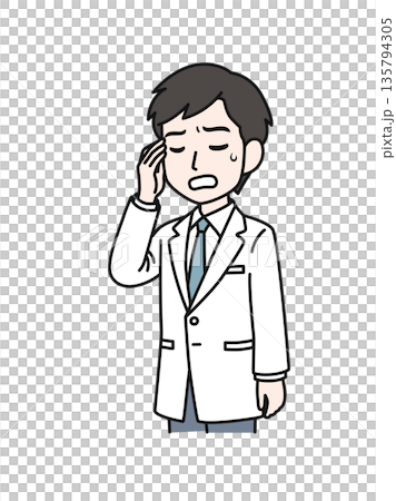 頭を押さえる白衣姿の医療関係者の男性のイラスト素材 135794305
