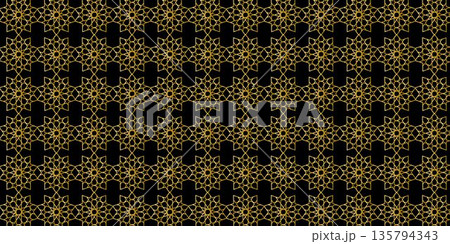 Islamic geometric pattern background featuring repeating symmetrical line art inspired by traditional Arabic and Middle Eastern ornament design, suitable for decorative, cultural, and modern creative  135794343