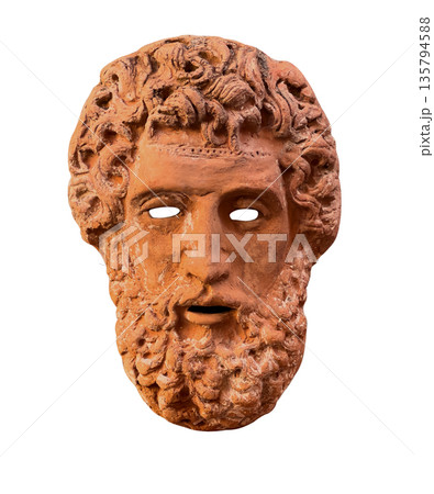 Ancient greek terracotta theatrical mask on transparent background 135794588