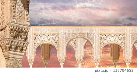 Arches in Islamic (Moorish) style (against the sunset) in Alhambra, Granada, Spain Arches in Islamic (Moorish) style (against the sunset) in Alhambra, Granada, Spain 135794652