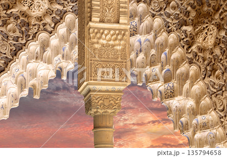 Arches in Islamic (Moorish) style (against the sunset) in Alhambra, Granada, Spain Arches in Islamic (Moorish) style (against the sunset) in Alhambra, Granada, Spain 135794658
