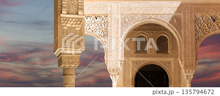 Arches in Islamic (Moorish) style (against the sunset) in Alhambra, Granada, Spain Arches in Islamic (Moorish) style (against the sunset) in Alhambra, Granada, Spain 135794672