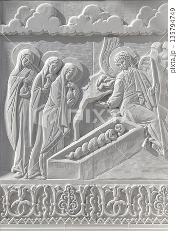 Myrrhbearers at empty tomb finding christ resurrected Myrrhbearers at empty tomb finding christ resurrected 135794749