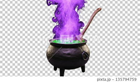 Magical purple potion brewing in cauldron with wooden spoon 135794759