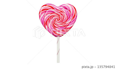 Heart shaped lollipop with pink and red swirls on white stick 135794841