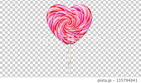 Heart shaped lollipop with pink and red swirls on white stick 135794841