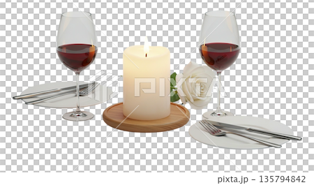 Romantic dinner setting with wine glasses and candle Romantic dinner setting with wine glasses and candle 135794842