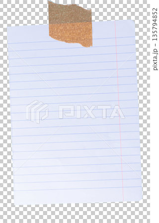 A clean piece of white-lined paper with a single piece of masking tape attached to the top right corner. A simple, minimalist design element for notes or information. On a transparent background. A clean piece of white-lined paper with a single piece of masking tape attached to the top right corner. A simple, minimalist design element for notes or information. On a transparent background. 135794852