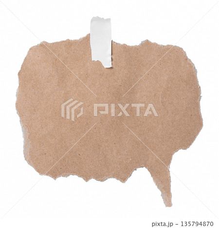 An oval speech bubble shape cut from brown craft paper with a pointed tail and a piece of masking tape attached. Adds a rustic or vintage feel to dialogue or messages. On a transparent background. 135794870