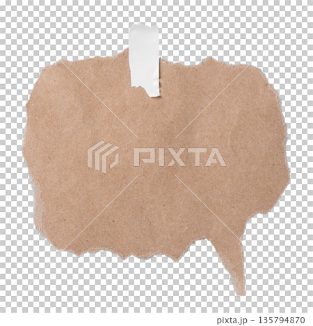 An oval speech bubble shape cut from brown craft paper with a pointed tail and a piece of masking tape attached. Adds a rustic or vintage feel to dialogue or messages. On a transparent background. 135794870