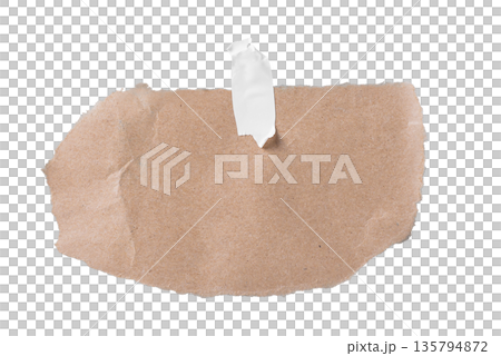 A small piece of brown craft paper with a natural torn top edge and a piece of masking tape attached. Simple design element for notes, price tags, or vintage accents. On a transparent background. A small piece of brown craft paper with a natural torn top edge and a piece of masking tape attached. Simple design element for notes, price tags, or vintage accents. On a transparent background. 135794872