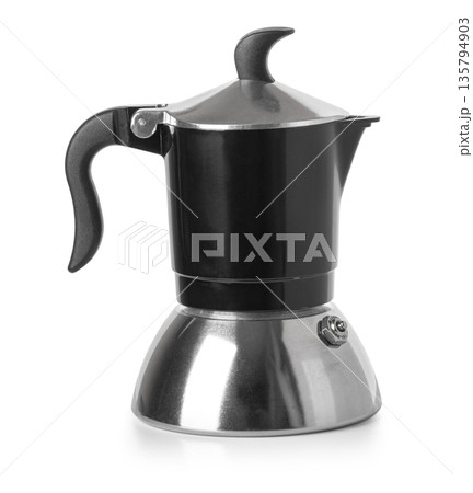 Black and silver moka pot brewing espresso coffee Black and silver moka pot brewing espresso coffee 135794903