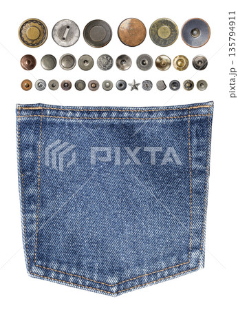 Denim jeans pocket with various metal buttons and rivets 135794911
