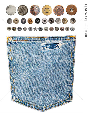 Denim pocket with torn fabric and metal rivets 135794914