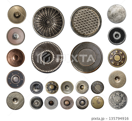 Assortment of vintage jeans buttons and clothing rivets 135794916