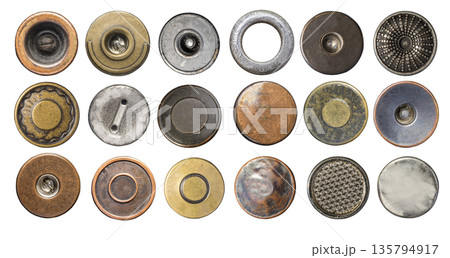 Collection of vintage metal buttons and rivets, transparent background 135794917